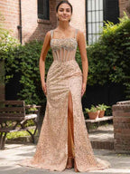 Sparkly Gold Mermaid Prom Dress With Sequin Beading High Slit