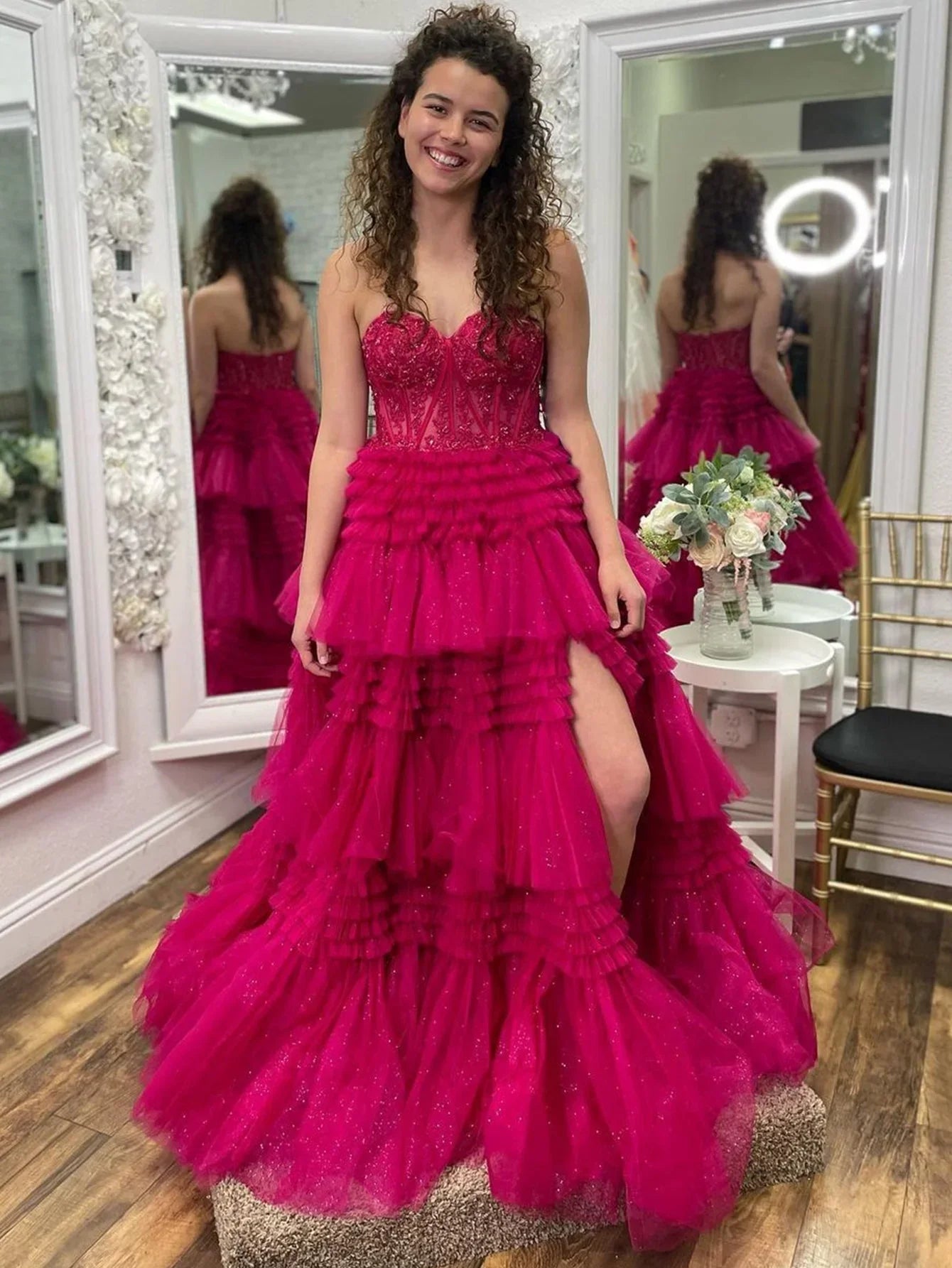 Adelyn | Robe de bal longue en tulle à volants, ligne A, décolleté cœur
