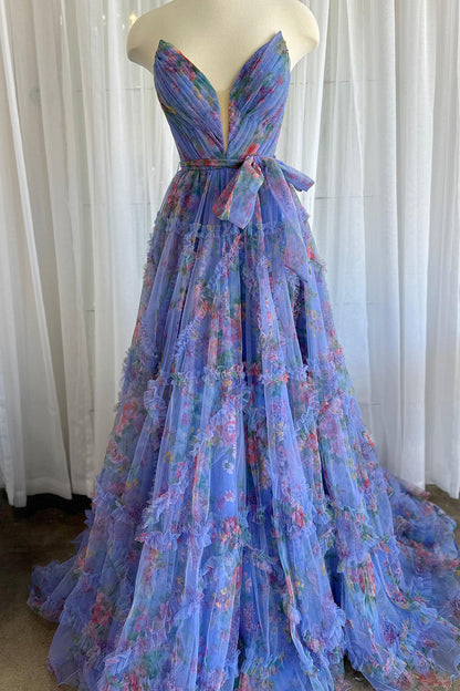A-Line Sweetheart Floral Printed Tulle Prom Dress with Slit