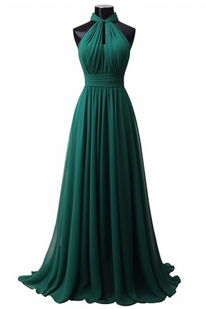 Vestido longo de cerimónia em chiffon sem mangas com gola halter e pregas elegantes