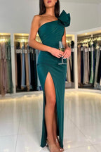 Dark Green One Shoulder Mermaid Evening Dress With Ruched Floor Length