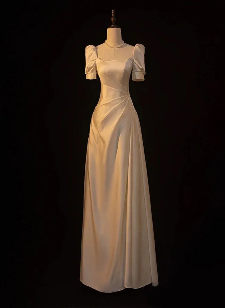 Vestido de Festa de Casamento Branco Elegante em Cetim, Corte em A, Vestido Longo de Baile, Vestido de Noite Y7546