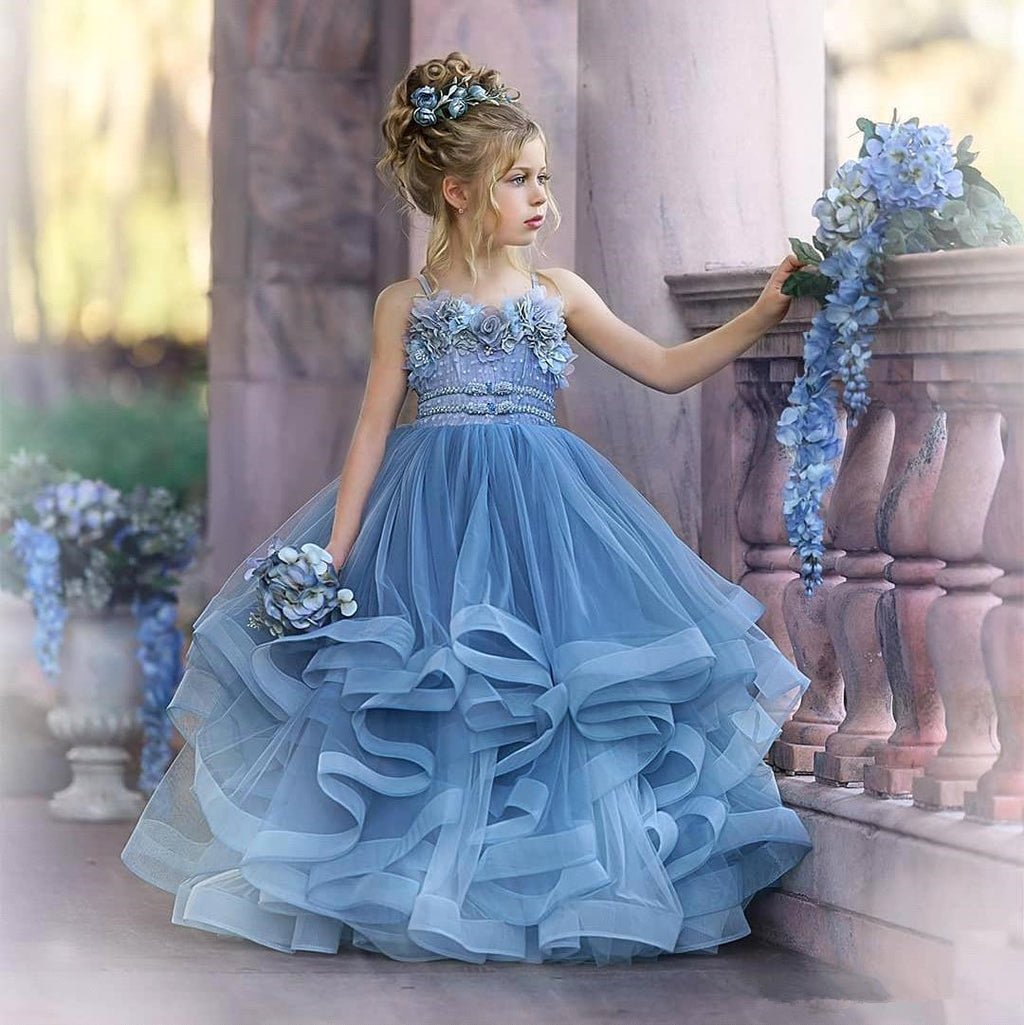 BMbridal Blue Spaghetti Straps Tulle Flower Girl Dress Layered With Appliques