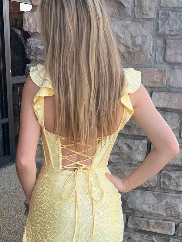 Navy Blue Shimmer Ruffle Long Corset Prom Gown With Slit
