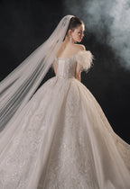فستان زفاف كروي بريش بأكتاف مكشوفة مع ذيل كاتدرائية وتطريزات دانتيل كريستالية