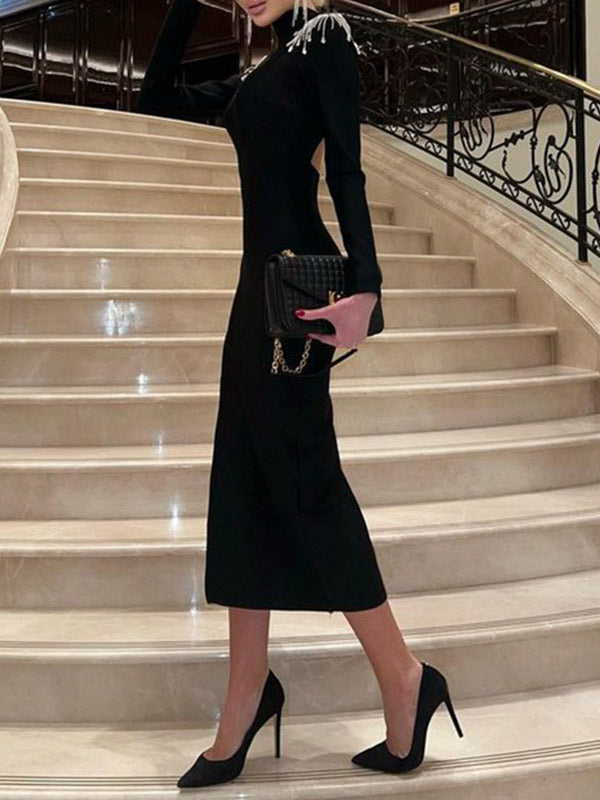 Lange Ärmel, schmaler Rücken, gekreuzte Schlitze an den Seiten, mit Quasten, hoher Halsausschnitt, Abendkleider, Midi-Kleider 