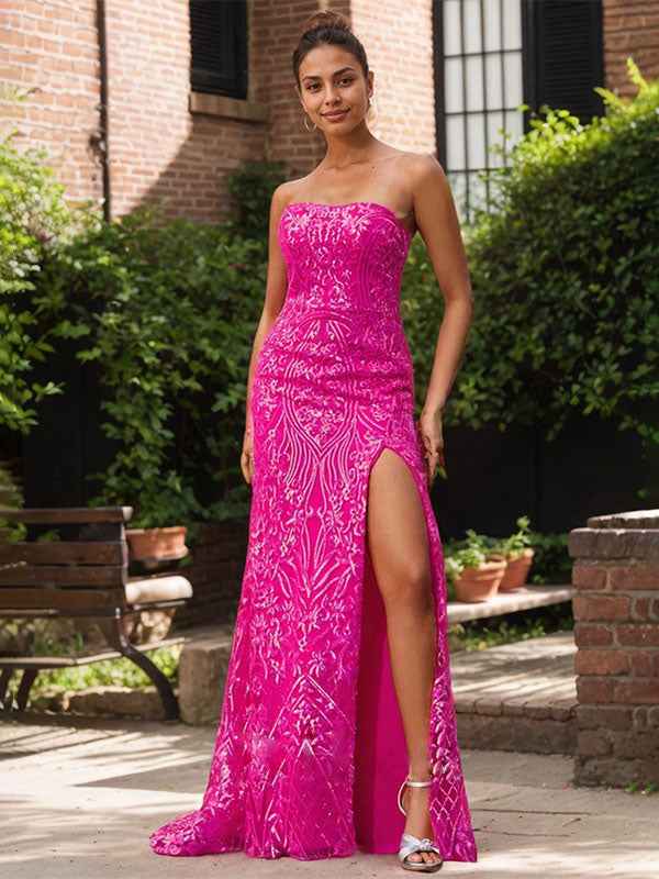 Elegant Fuchsia Strapless Sequin Gown With High Slit