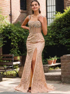 Sparkly Gold Mermaid Prom Dress With Sequin Beading High Slit