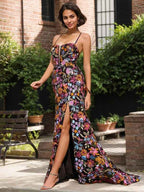 Black Floral Mermaid V-Neck Corset Long Prom Dress With Sequins