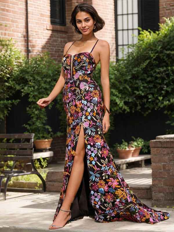 Black Floral Mermaid V-Neck Corset Long Prom Dress With Sequins