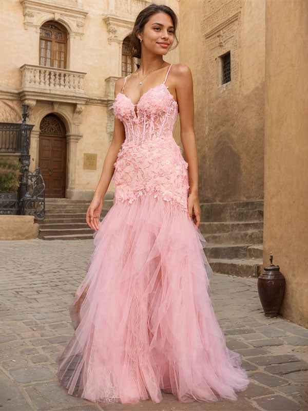 Pink V-Neck Corset Mermaid Prom Dress Beaded Flare