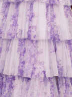 Lavender Floral A Line V Neck Long Pleated Prom Dress With Slit