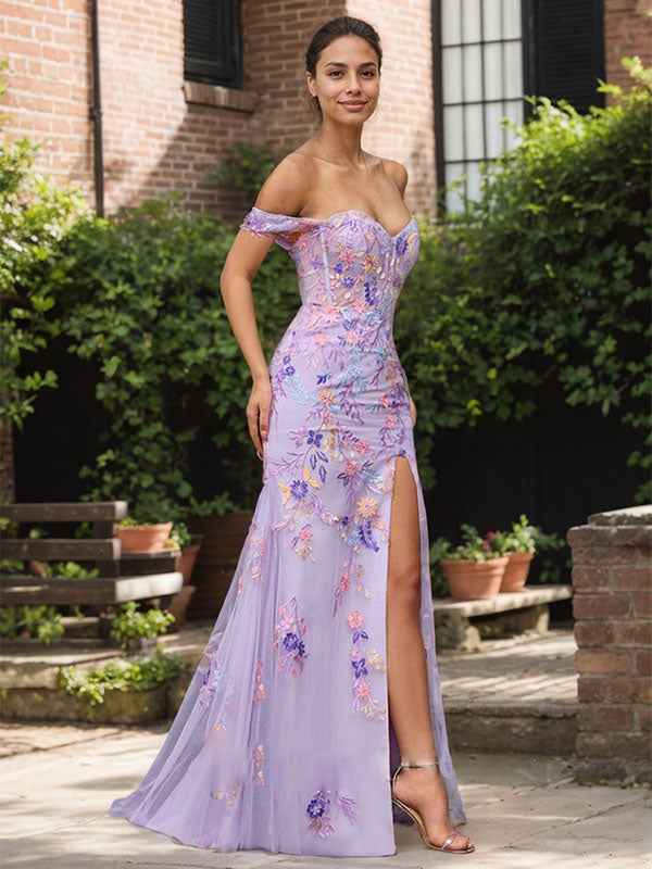 Purple Floral Mermaid Prom Dress Off Shoulder With Slit