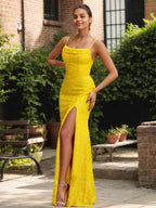 Radiant Daffodil Spaghetti Strap Sequin Gown With High Slit