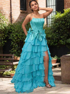 Blue Strapless A Line Long Prom Dress With Pleated Bodice And Slit