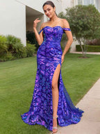 Royal Blue Sequined Off Shoulder Long Prom Dress With Slit