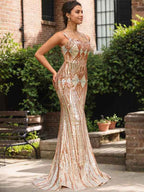 Sparkly Gold Mermaid Corset Sequin Spaghetti Strap Long Prom Dress