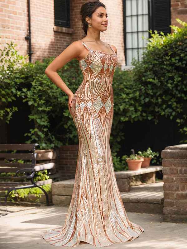 Sparkly Gold Mermaid Corset Sequin Spaghetti Strap Long Prom Dress