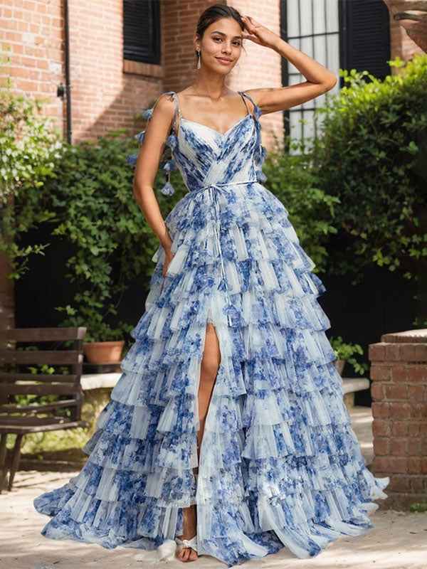 Blue Floral A Line V Neck Pleated Prom Dress With Slit And Tulle Layers