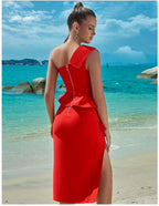 Bandage-Kleid, Abendkleid – One-Shoulder-Partykleid mit Rüschen und Schlitz für den Sommer 