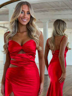 Dark Green Satin Mermaid Prom Dress With Spaghetti Straps And Cutouts