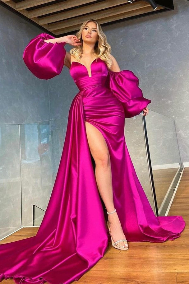 Long Mermaid Sweetheart Satin Front Slit Prom Dress With Detachable Sleeves