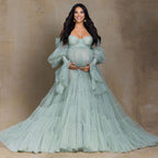 Elegant Tulle Maternity Dress for Photoshoot Ruffle Puff Sleeves Bridal Robe Maternity Gowns Green Pregnancy Photography Dresses