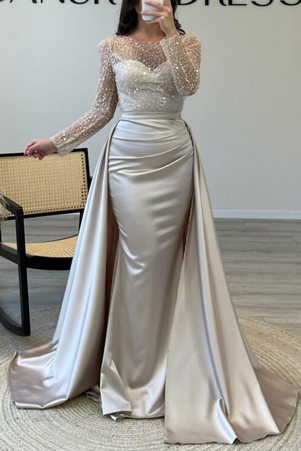 Bmbridal Jewel Neck Long Sleeve Mermaid Evening Dress With Sequins Overskirt