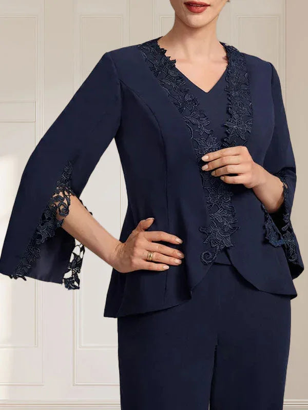 جمبسوت/بدلة بنطلون منفصلة برقبة على شكل حرف V وطول الأرض من الشيفون فستان أم العروس