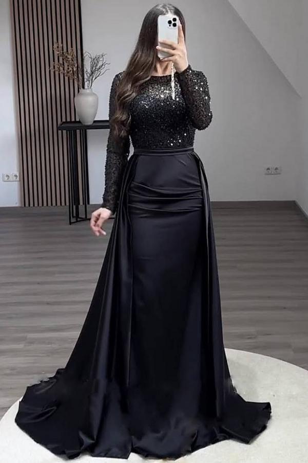 Bmbridal Jewel Neck Long Sleeve Mermaid Evening Dress With Sequins Overskirt