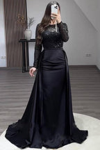 Bmbridal Jewel Neck Long Sleeve Mermaid Evening Dress With Sequins Overskirt