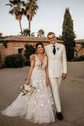 Sexy A Line Boho Straps V Neck Wedding Dress With Appliques