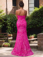 Elegant Fuchsia Strapless Sequin Gown With High Slit