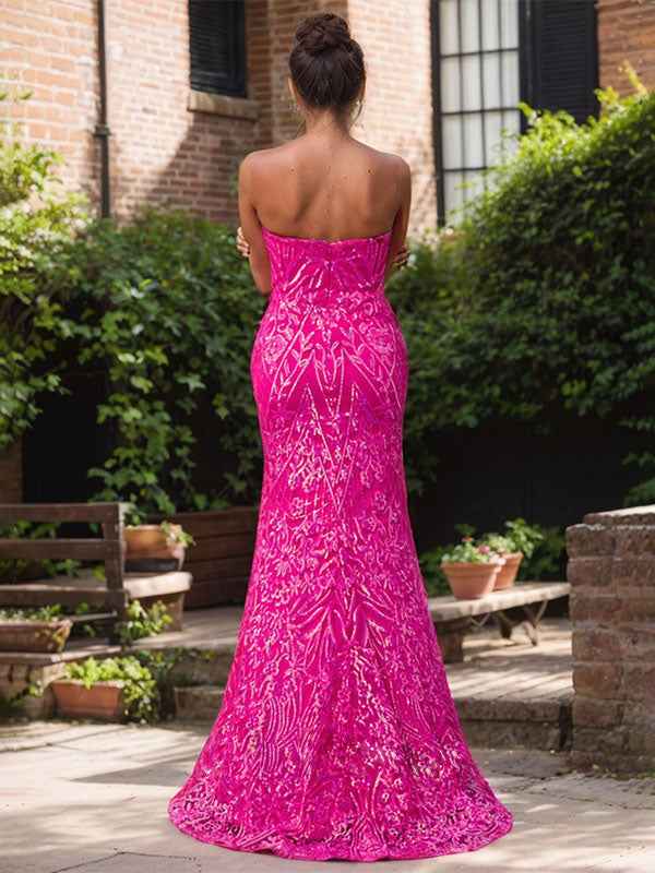 Elegant Fuchsia Strapless Sequin Gown With High Slit
