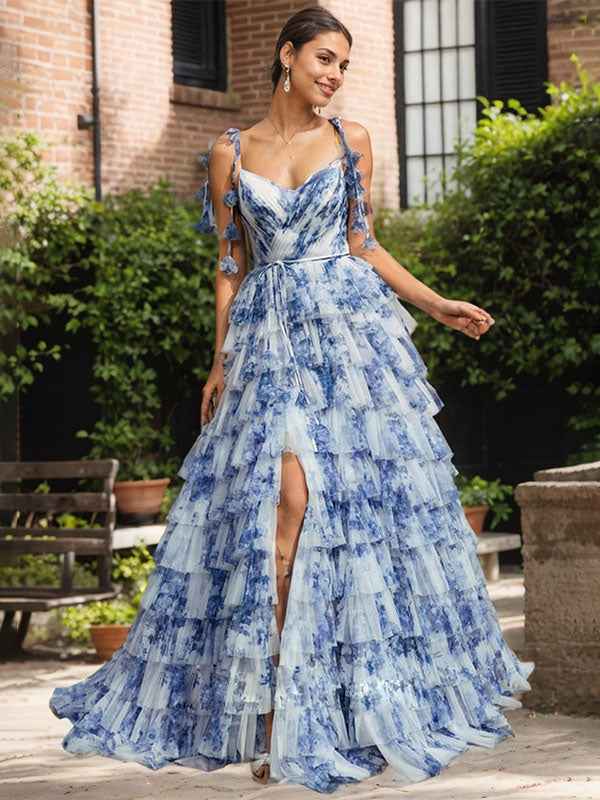 Blue Floral A Line V Neck Pleated Prom Dress With Slit And Tulle Layers