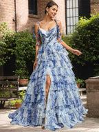 Blue Floral A Line V Neck Pleated Prom Dress With Slit And Tulle Layers