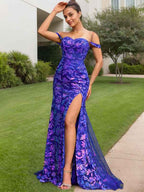 Royal Blue Sequined Off Shoulder Long Prom Dress With Slit