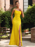 Radiant Daffodil Spaghetti Strap Sequin Gown With High Slit