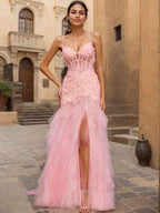 Pink V-Neck Corset Mermaid Prom Dress Beaded Flare
