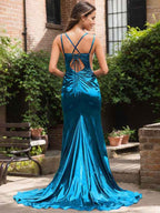 Metallic Mermaid Prom Dress Keyhole V Neck Ruched Back