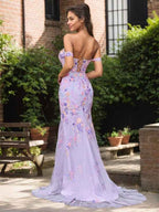 Purple Floral Mermaid Prom Dress Off Shoulder With Slit