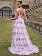 Lavender Floral A Line V Neck Long Pleated Prom Dress With Slit