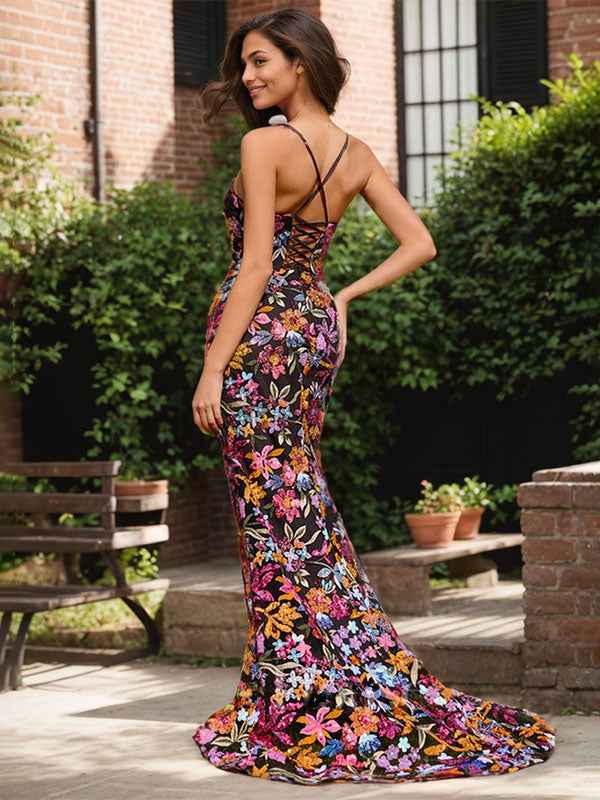 Black Floral Mermaid V-Neck Corset Long Prom Dress With Sequins