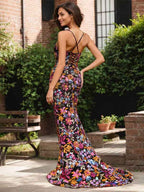 Black Floral Mermaid V-Neck Corset Long Prom Dress With Sequins