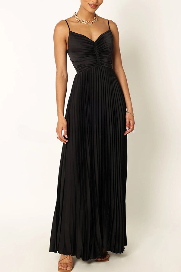 A Dreamy Escape Satin Adjustable Straps Pleated Maxi Dress