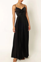 A Dreamy Escape Satin Adjustable Straps Pleated Maxi Dress