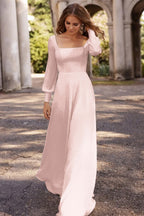 Square Neckline A Line Long Sleeve Wedding Dress For Elegant Bridal
