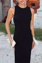 Robes de soirée unies et sexy avec fente et décor de nœud à encolure ronde