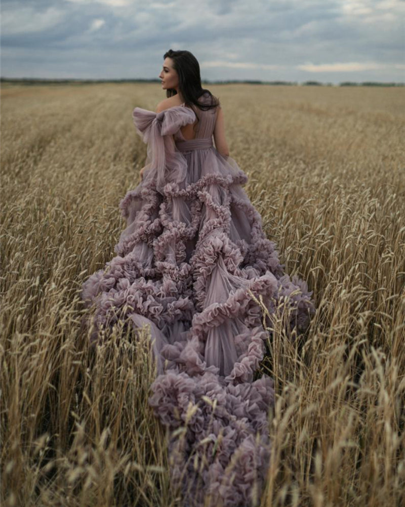 Dusty Pink Maternity Dress Robes for Photo Shoot or baby shower Ruffle Tulle Chic Women Dresses Nightgown Photography Robe