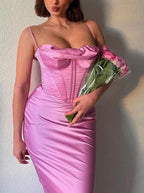 Simple Spaghetti Straps Lavender Satin Evening Dress Sheath Party Prom Dress Y8094
